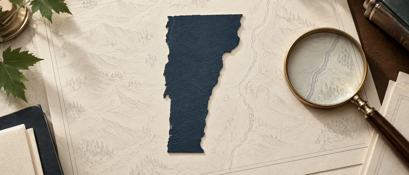 Editorial illustration of the Vermont state outline on legal documents beside a magnifying glass.