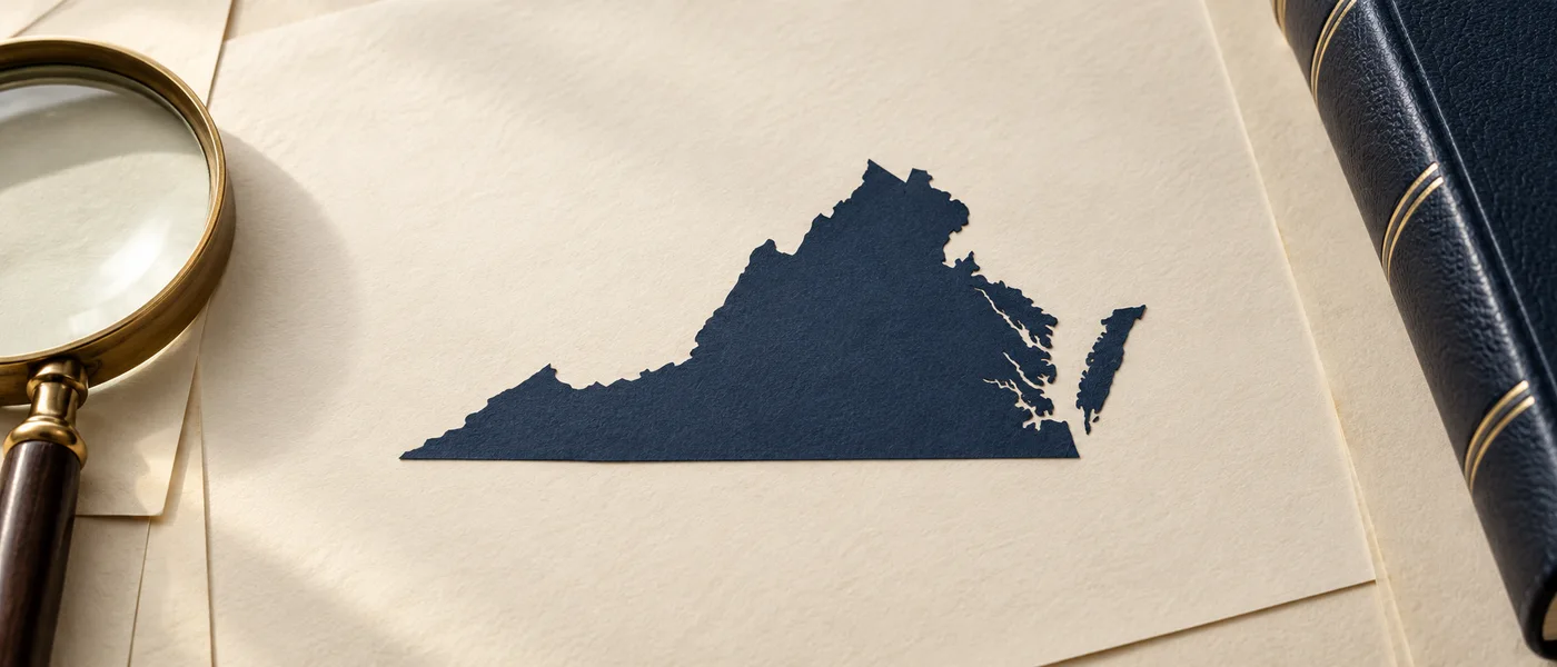 Editorial illustration of the Virginia state outline on legal documents beside a magnifying glass.