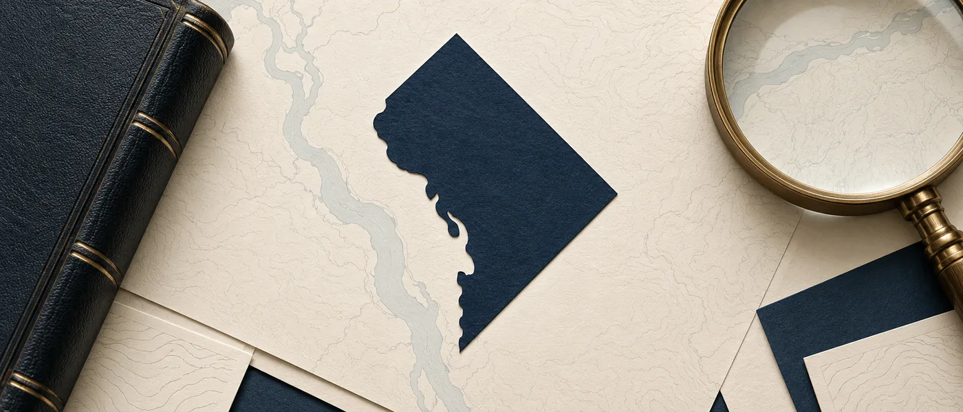 Editorial illustration of the District of Columbia outline on legal documents beside a magnifying glass.