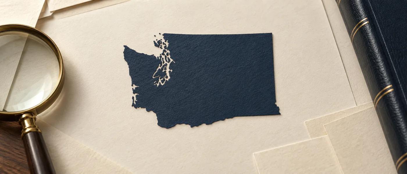 Editorial illustration of the Washington state outline on legal documents beside a magnifying glass.