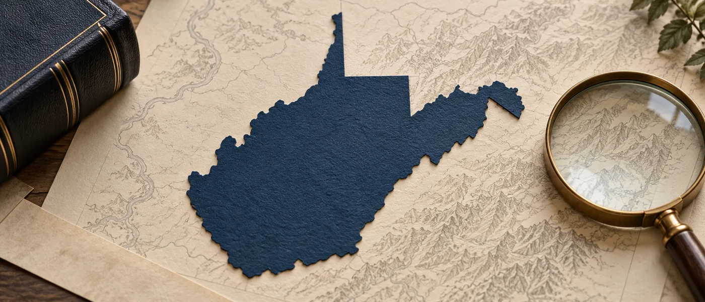 Editorial illustration of the West Virginia state outline on legal documents beside a magnifying glass.