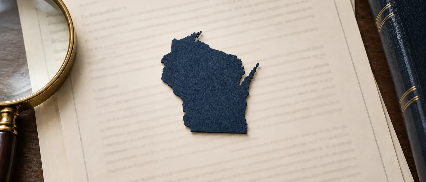 Editorial illustration of the Wisconsin state outline on legal documents beside a magnifying glass.